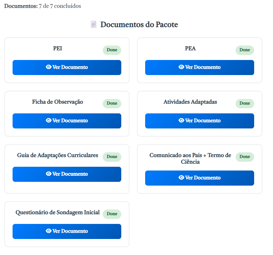 7 documentos gerados pela Fábrica Mágica: PEI, PEA, Ficha de Observação, Atividades Adaptadas, Guia de Adaptações Curriculares, Comunicado aos Pais e Questionário de Sondagem